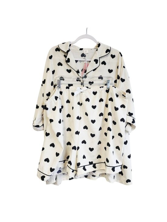 None Other - Heart Print Button-Up Pajama Set Elastic Waist Shorts 5XL Lightweight  Women